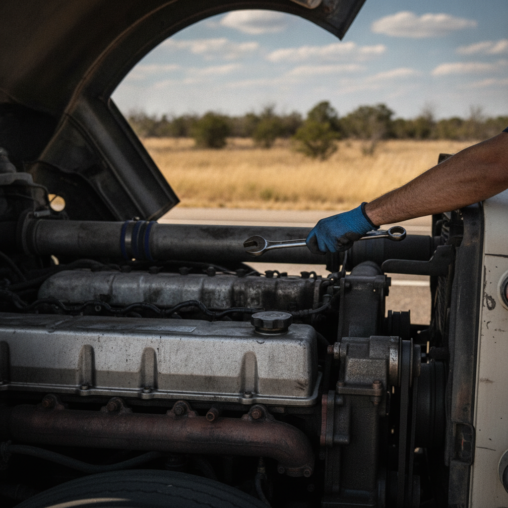 Roadside Diesel Repair, focus on the diesel truck and don't show any human face, just a hand fixing the engine